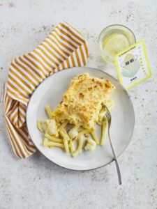 Mac n cheese de chou-fleur et merlu chapeau pointu